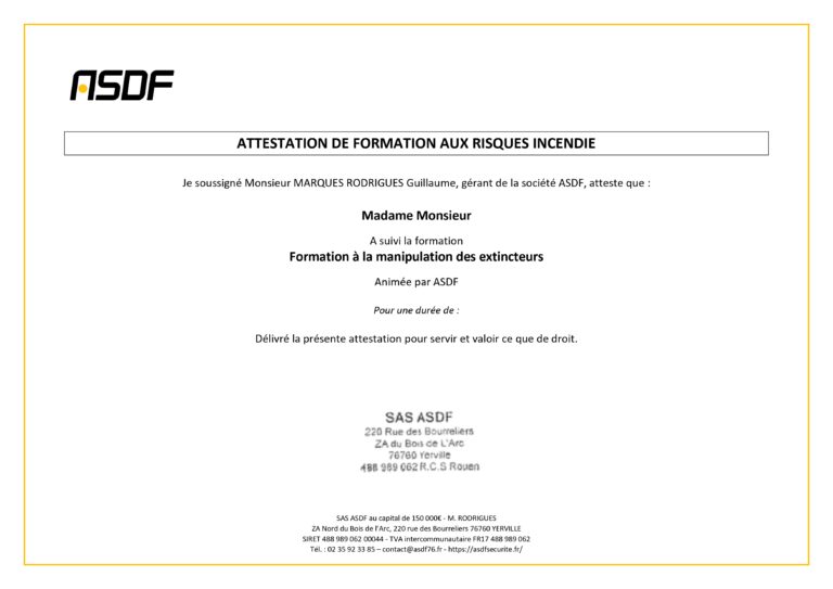 diplôme formation sécurité incendie ASDF